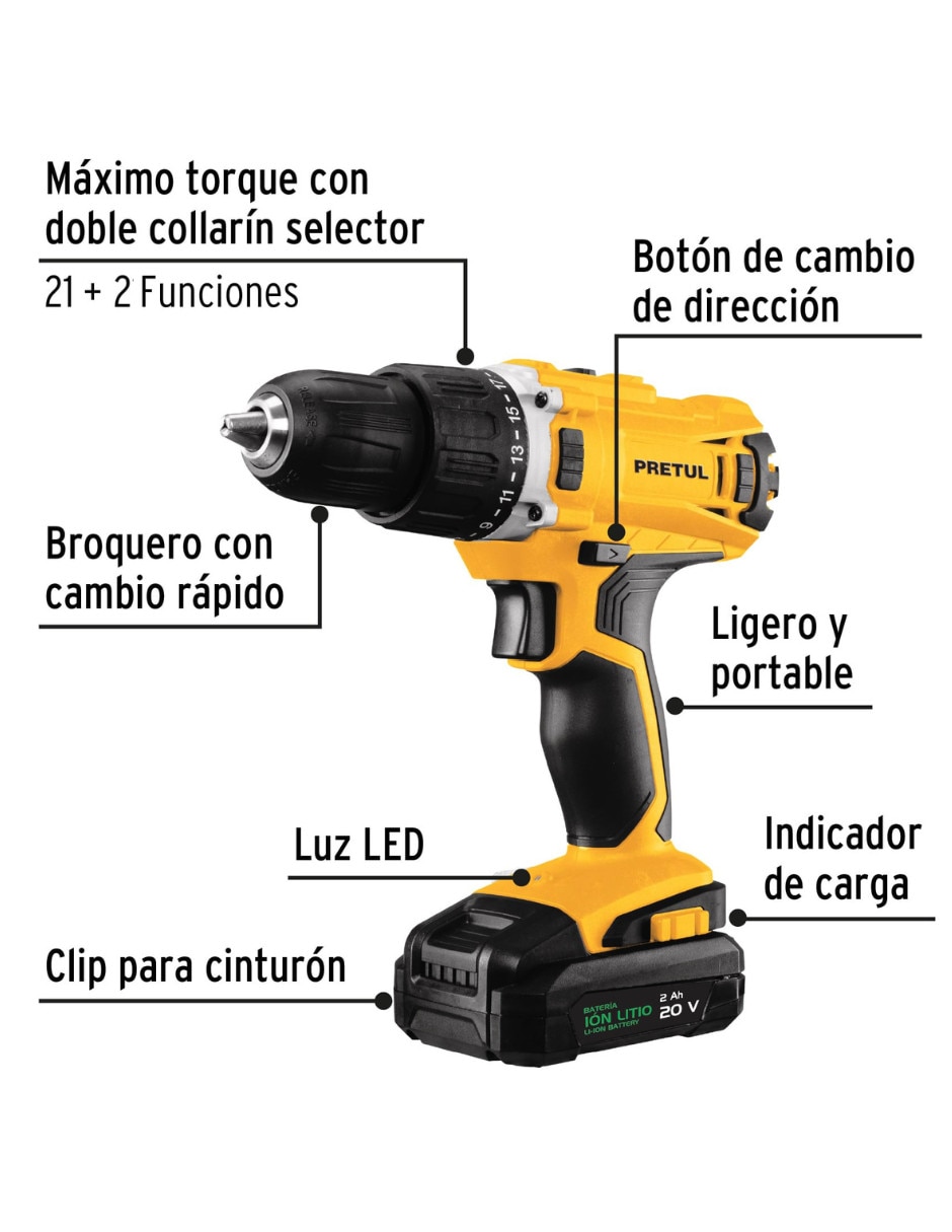 Taladro y atornillador inalámbrico Pretul TALI-20P2 de 20 V
