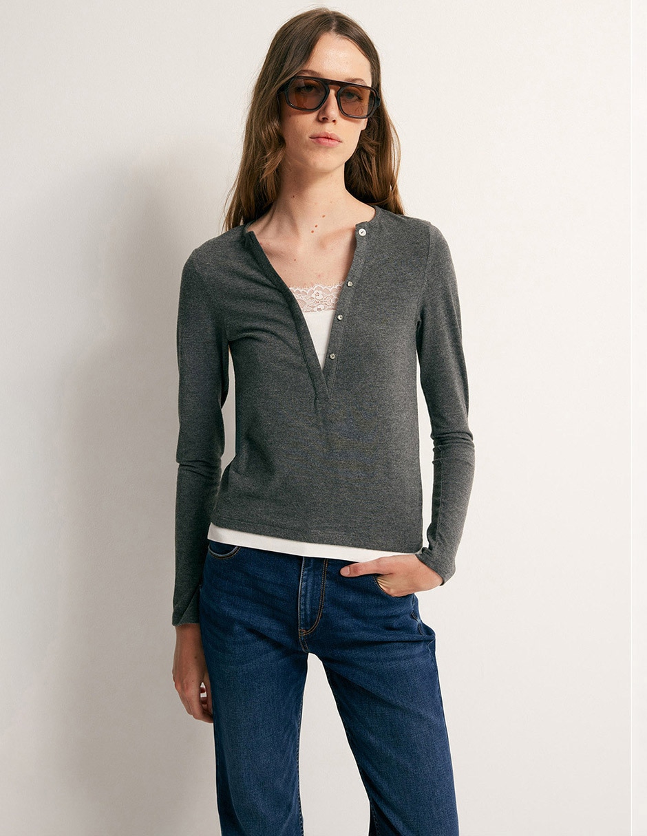 Playera manga larga cuello con botón para mujer Playera manga larga cuello con botón para mujer