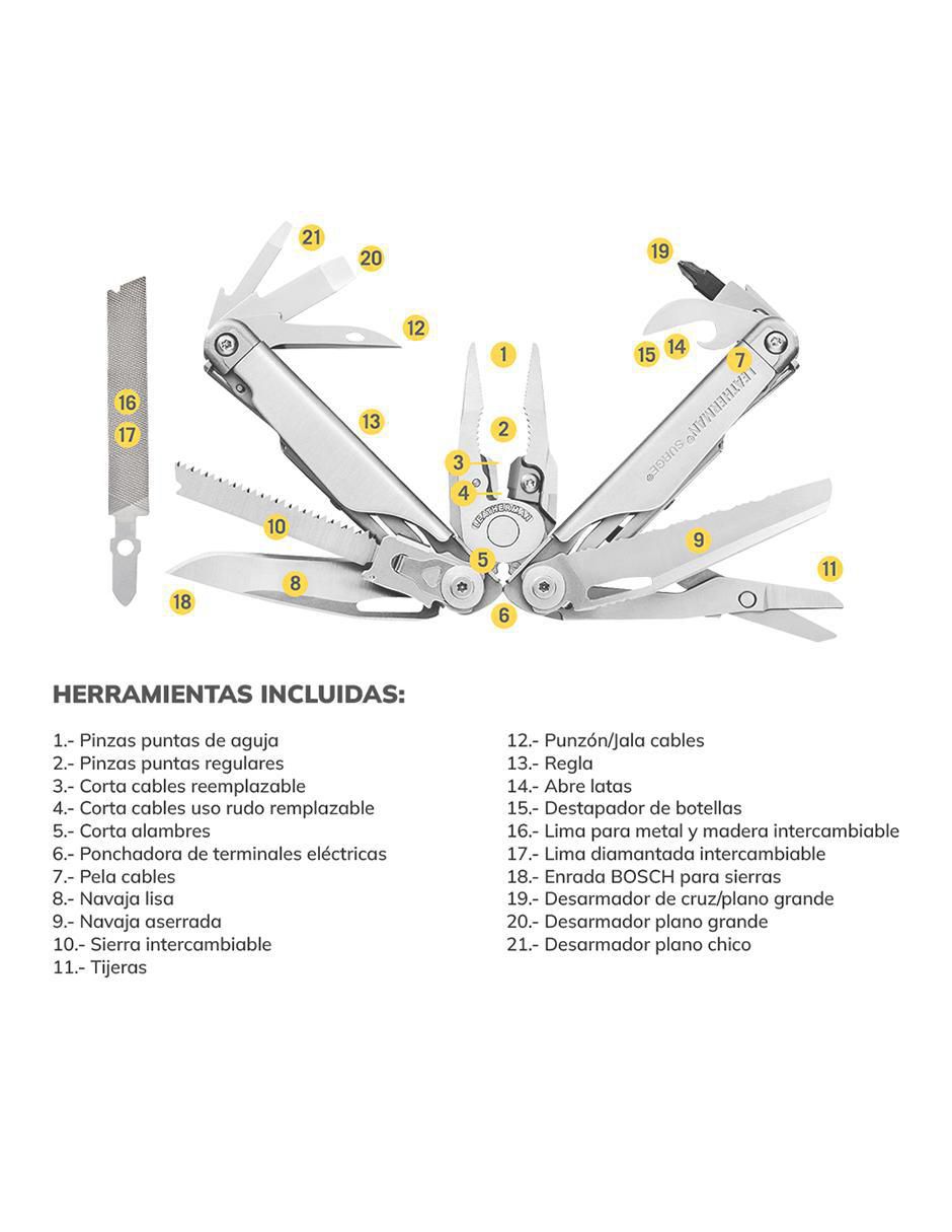 "navaja" leatherman surge plata con accesorios y linterna