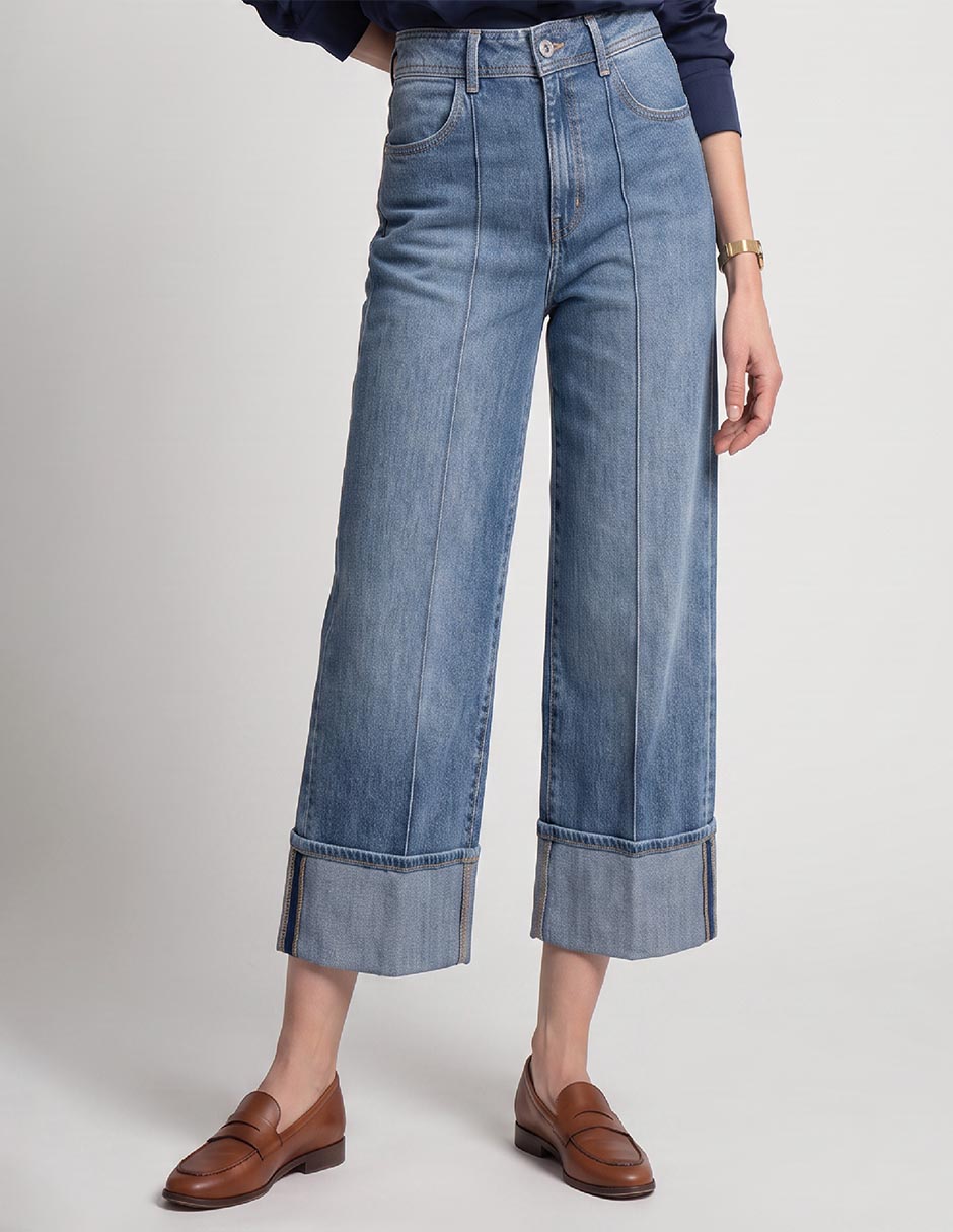 Jeans amplio corte a la cintura para mujer