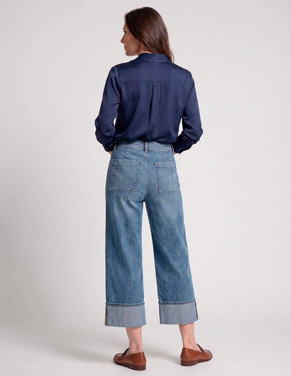 Jeans amplio corte a la cintura para mujer 2