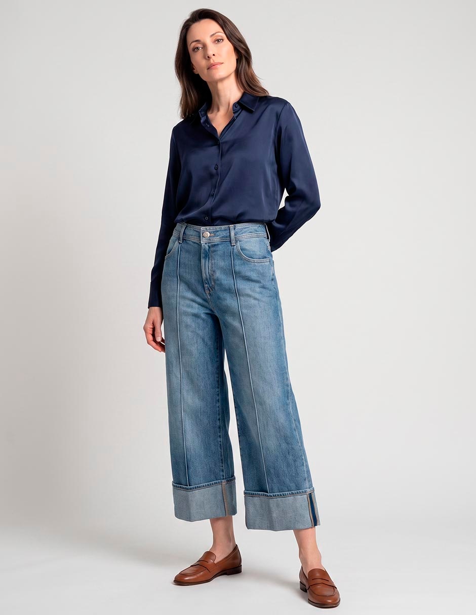Jeans amplio corte a la cintura para mujer 3