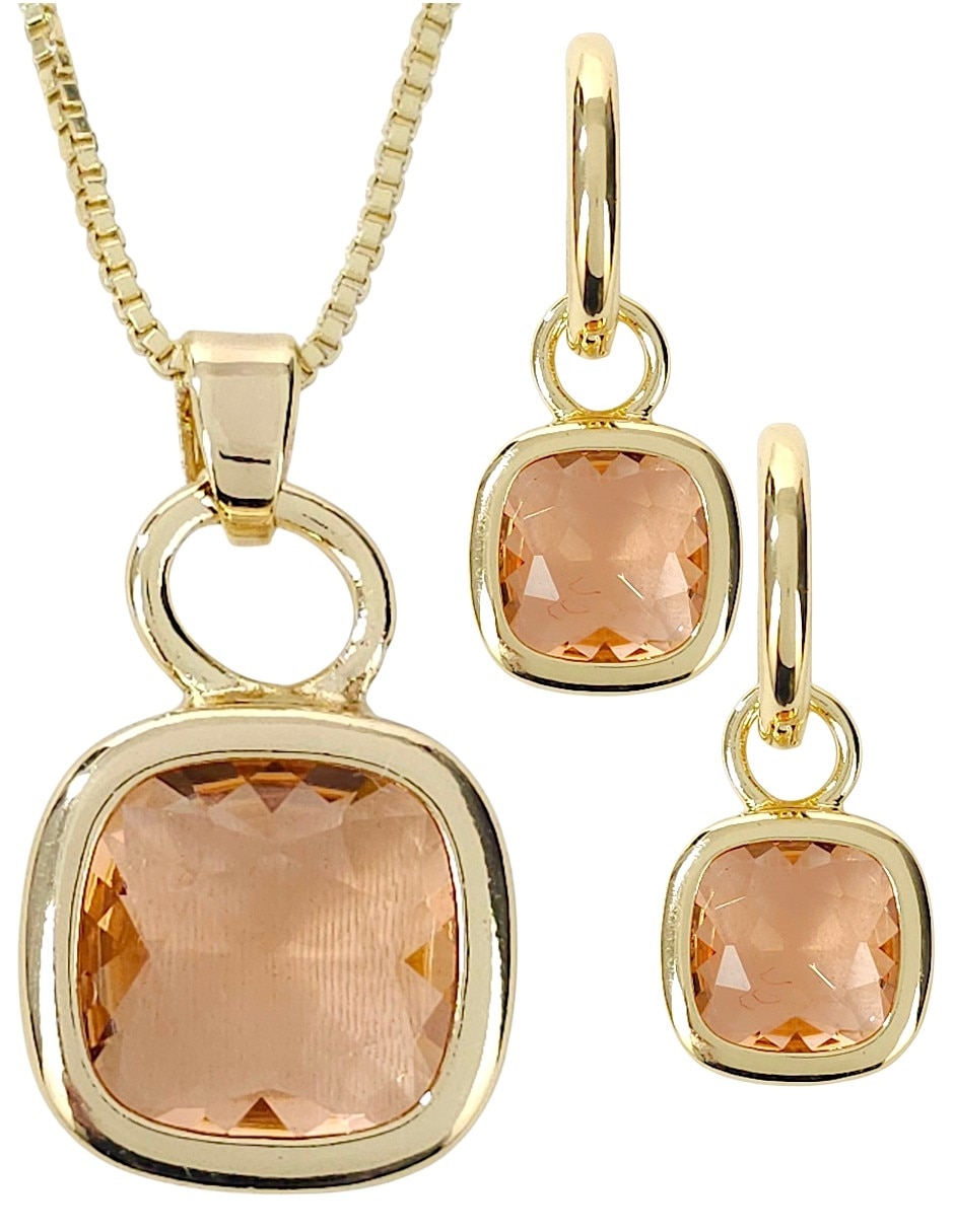 Aretes y collar cuadrado de oro laminado 18 k zirconia 1