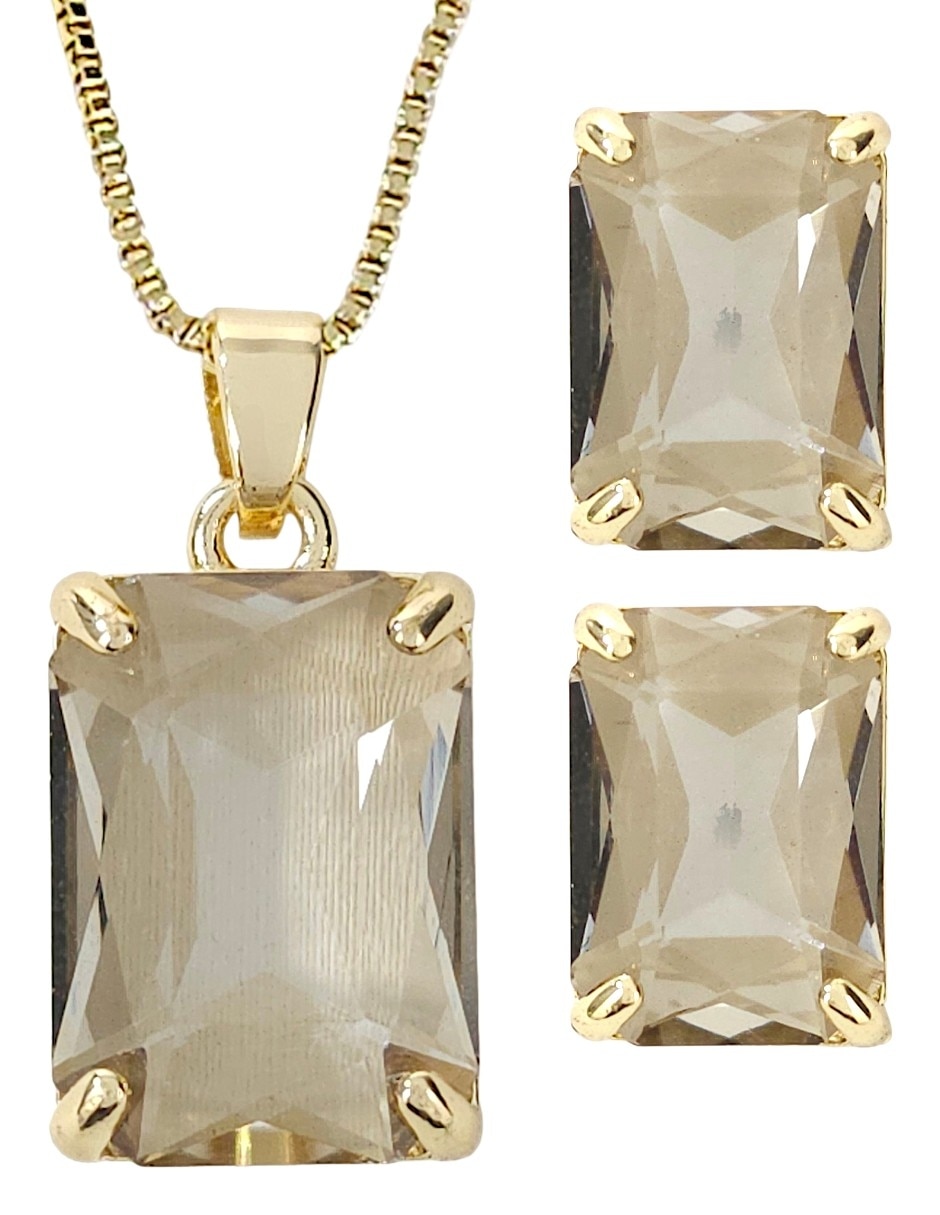 Aretes y collar rectangular de oro laminado 18 k zirconia