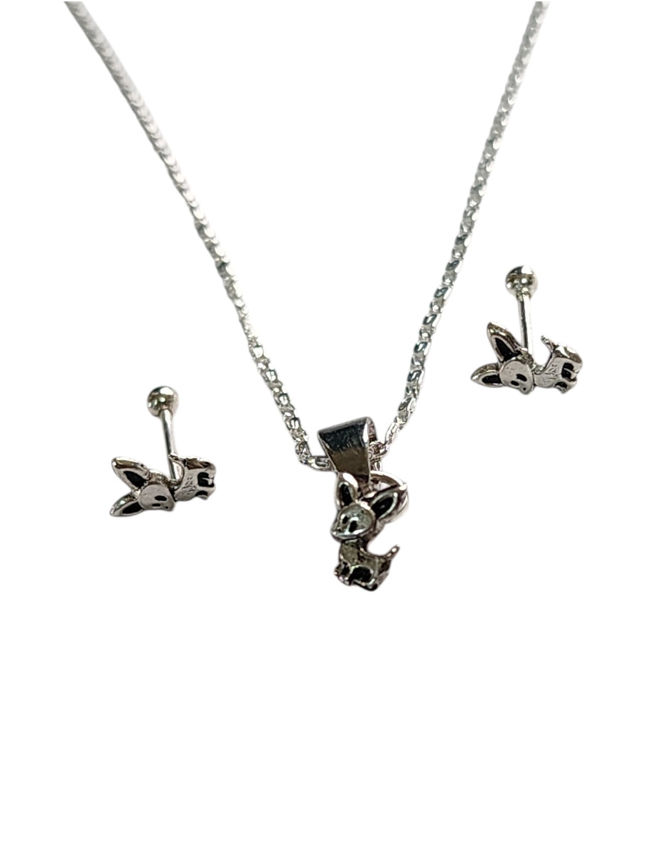 Aretes y collar de perro Limerence By Claudia Herrera Chihuahua de plata P925