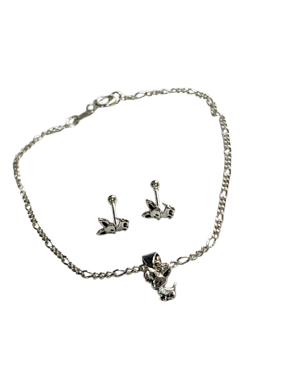 Aretes y pulsera de perro Limerence By Claudia Herrera Chihuahua de plata P925