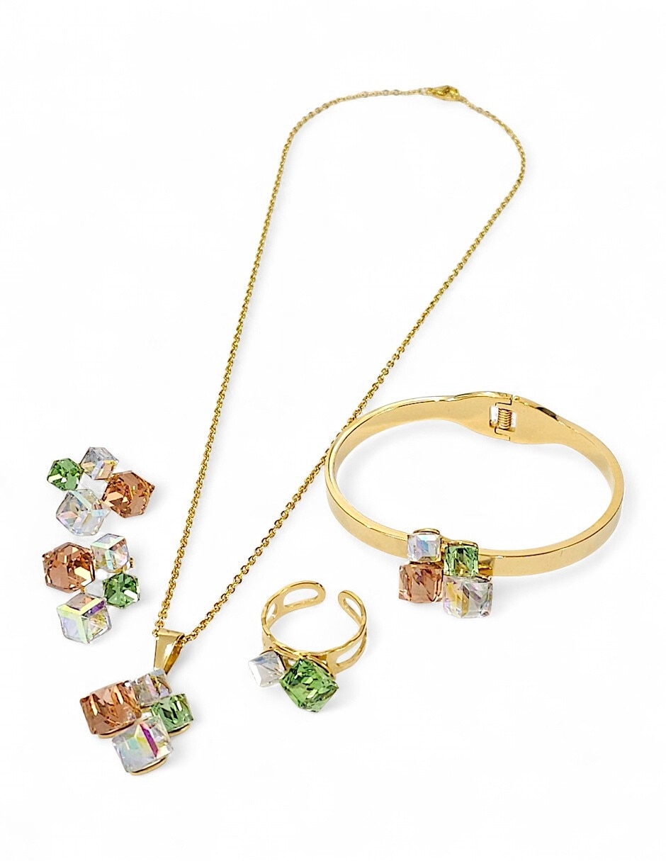 Collar pulsera anillo y aretes de cubo cristal 7