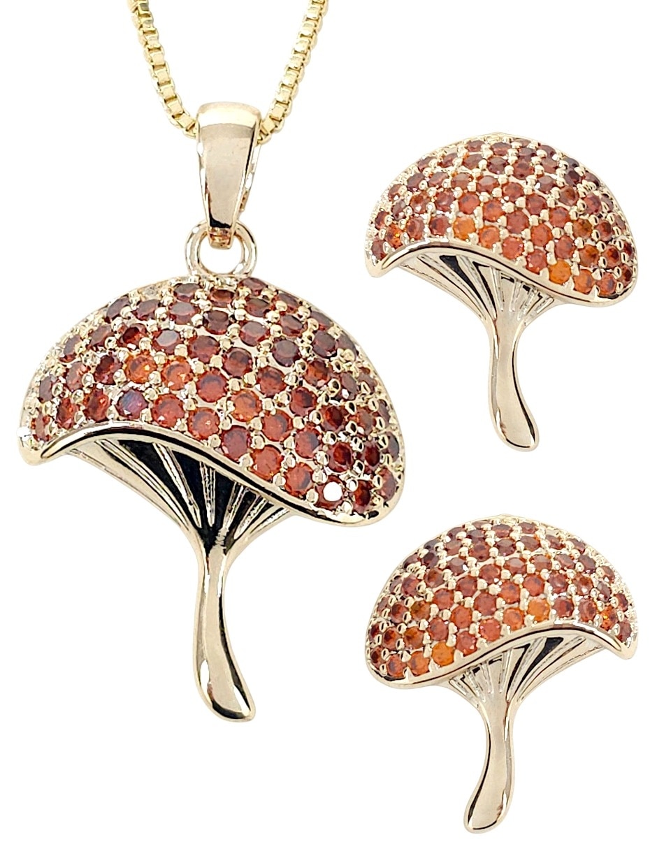 Aretes y collar de Hongo de oro laminado 18 K zirconia