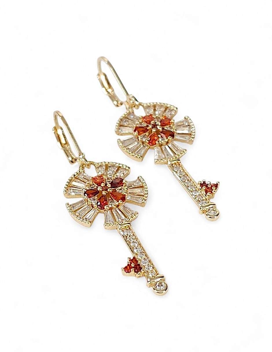 Aretes y collar de llave de oro laminado 18 k zirconia 2