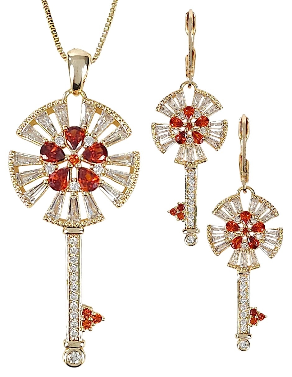 Aretes y collar de llave de oro laminado 18 k zirconia