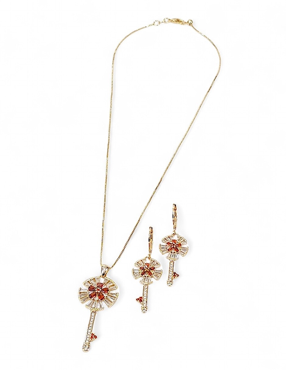 Aretes y collar de llave de oro laminado 18 k zirconia