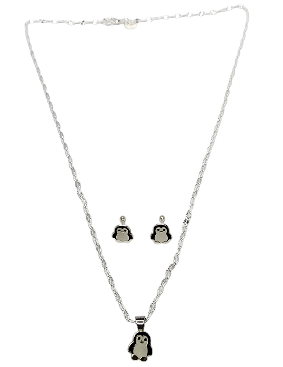 Aretes y collar de pingüino de plata P 925