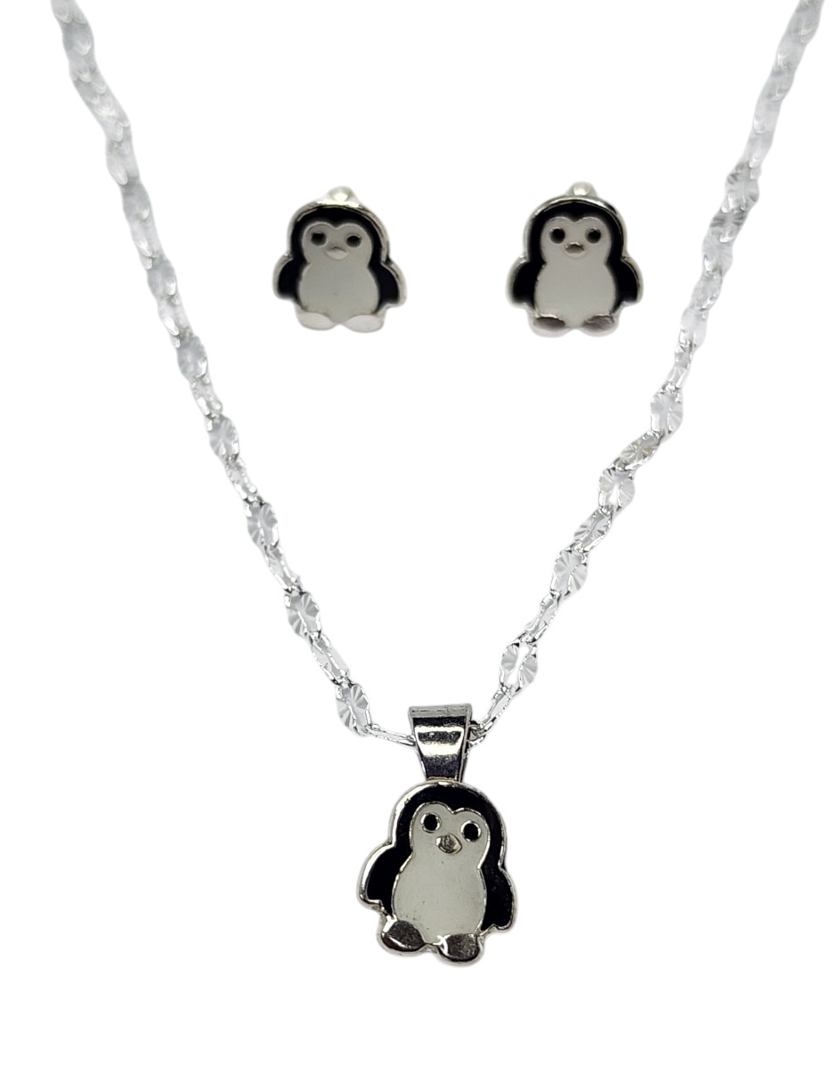 Aretes y collar de pingüino de plata P 925 1