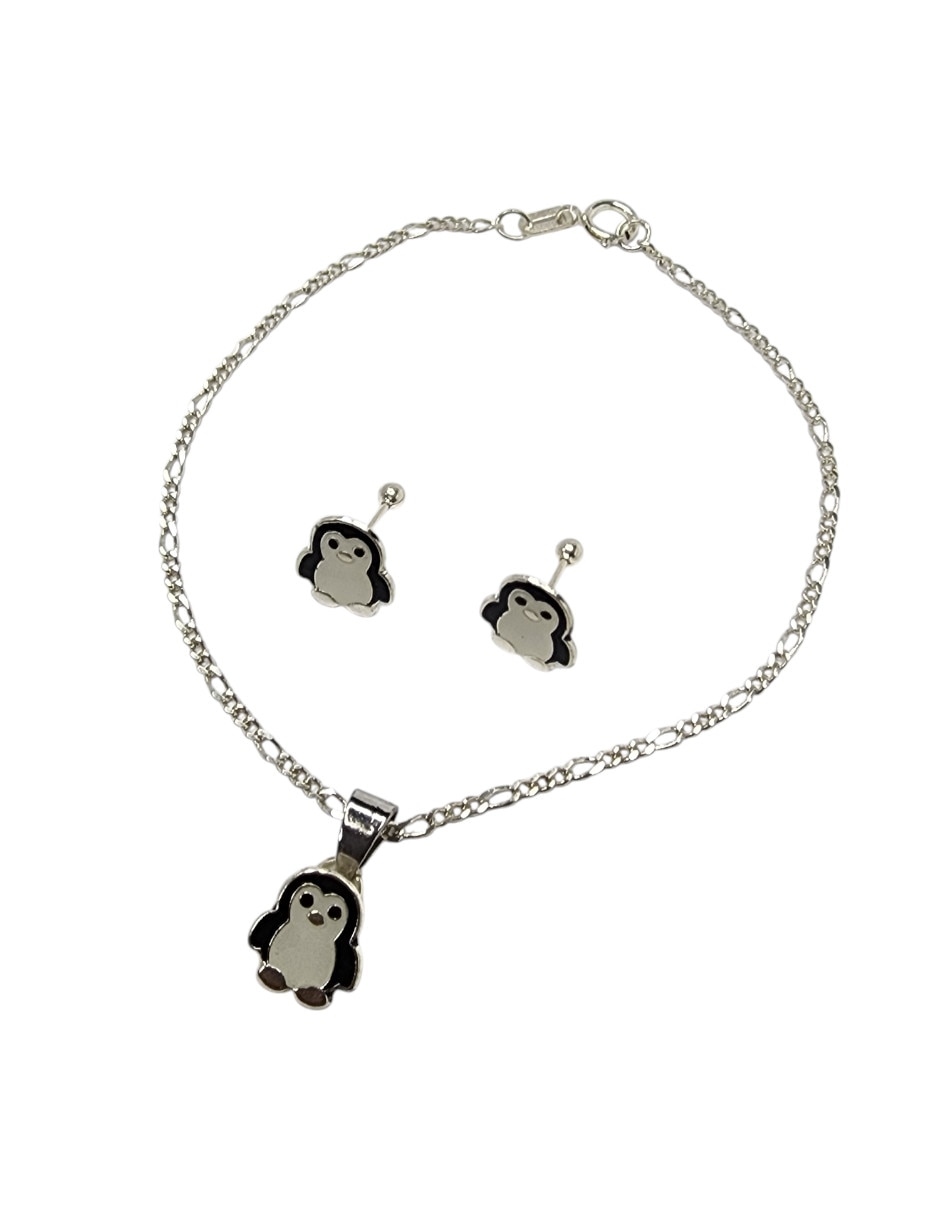 Aretes y pulsera de pingüino de plata P 925 4