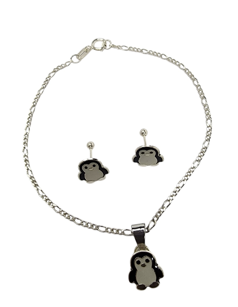 Aretes y pulsera de pingüino de plata P 925 3