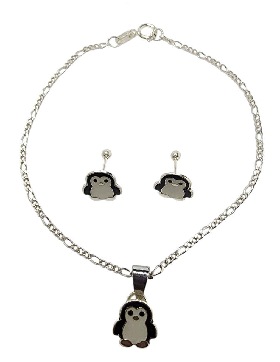 Aretes y pulsera de pingüino de plata P 925 1