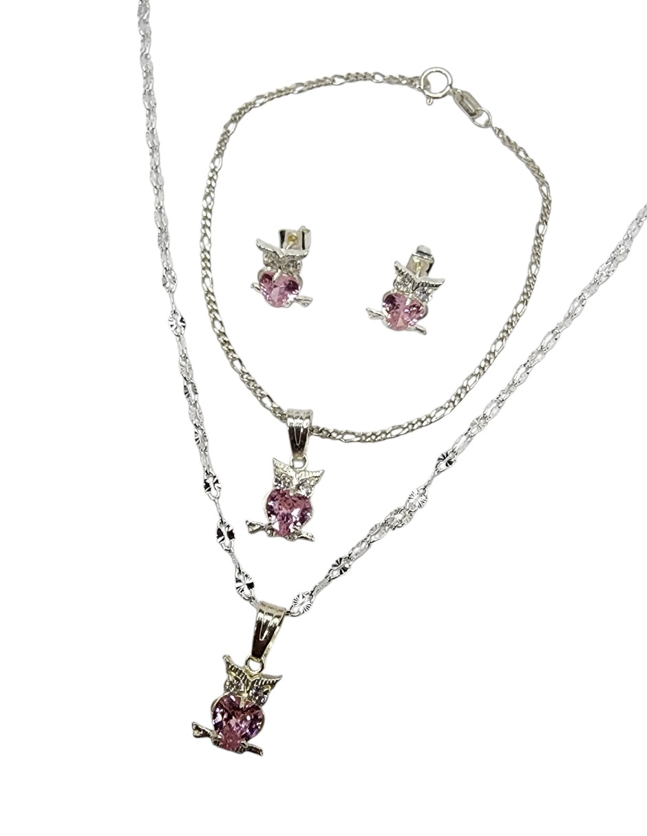 Aretes collar y pulsera de búho de plata P 925 zirconia 4