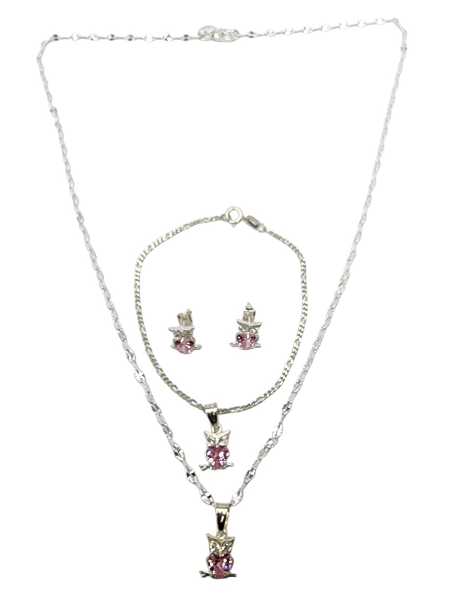Aretes collar y pulsera de búho de plata P 925 zirconia