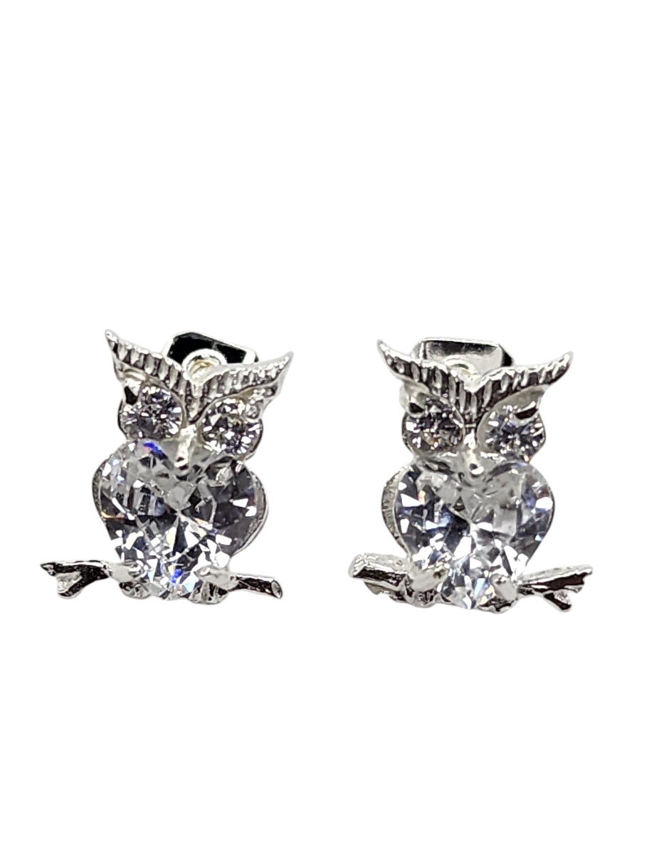 Arete corto de búho Aves de plata P 925 con acabado zirconia