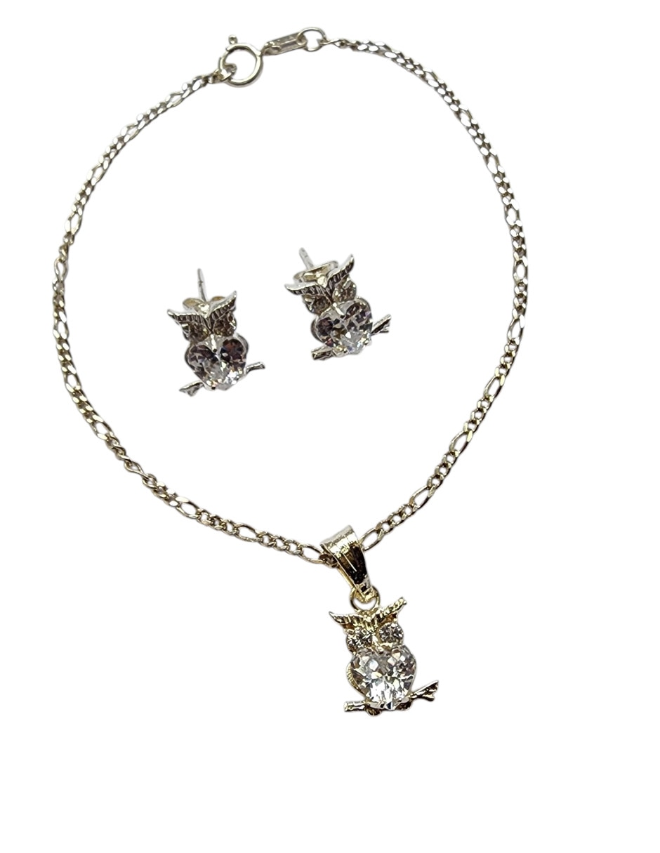 Aretes y pulsera de búho de plata P 925 zirconia 4