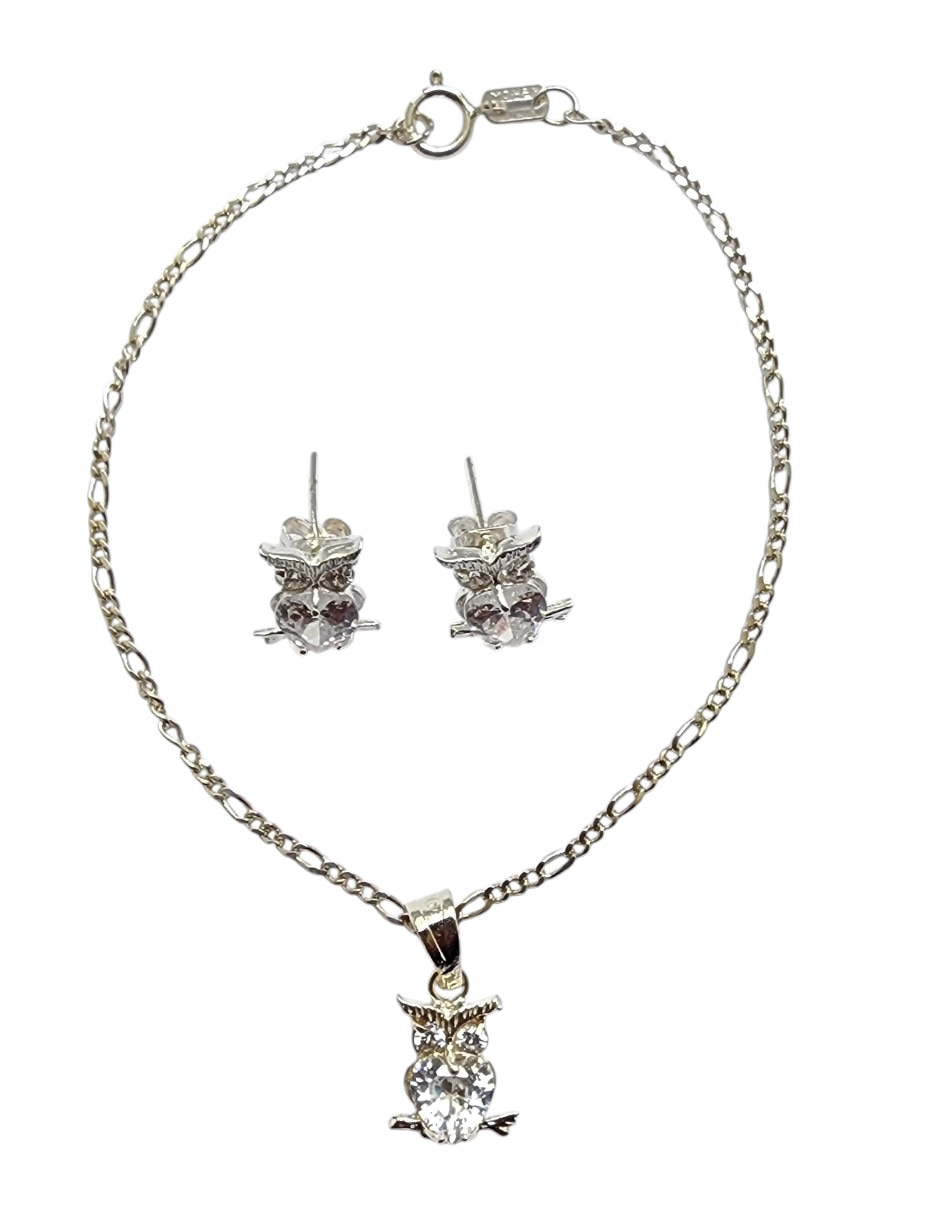 Aretes y pulsera de búho de plata P 925 zirconia 1