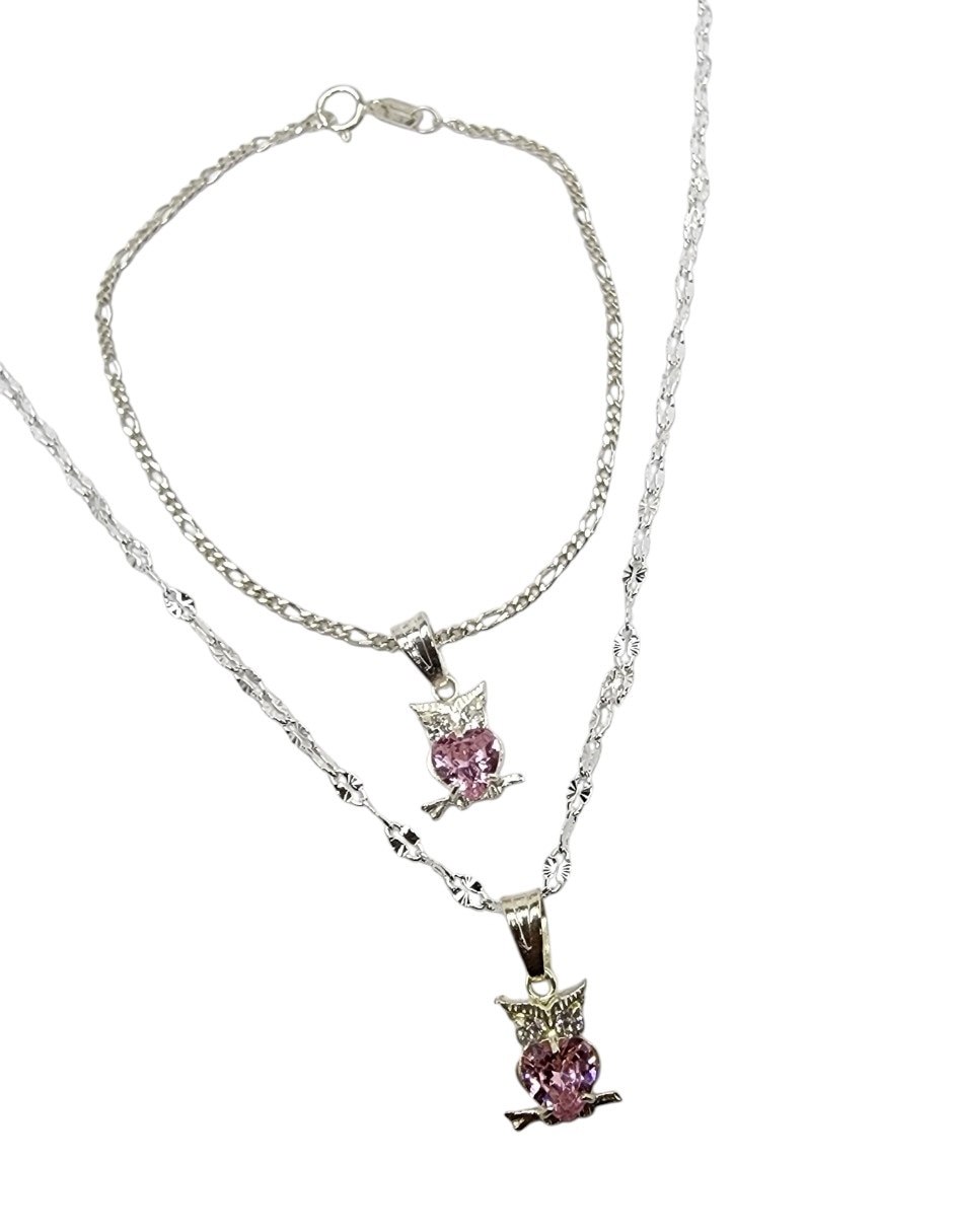 Collar y pulsera de búho de plata P 925 zirconia 3