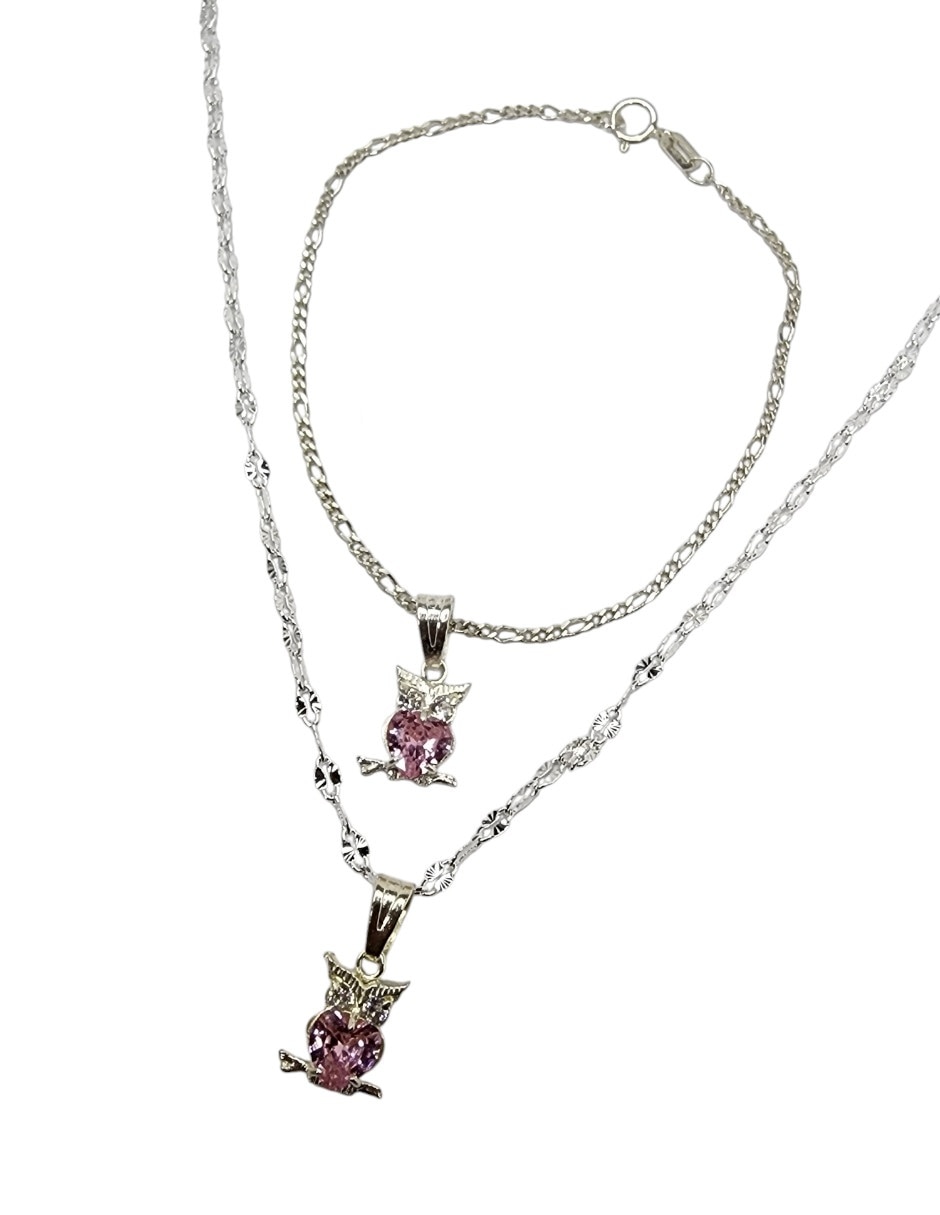 Collar y pulsera de búho de plata P 925 zirconia