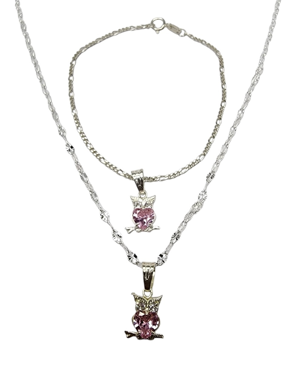 Collar y pulsera de búho de plata P 925 zirconia 1