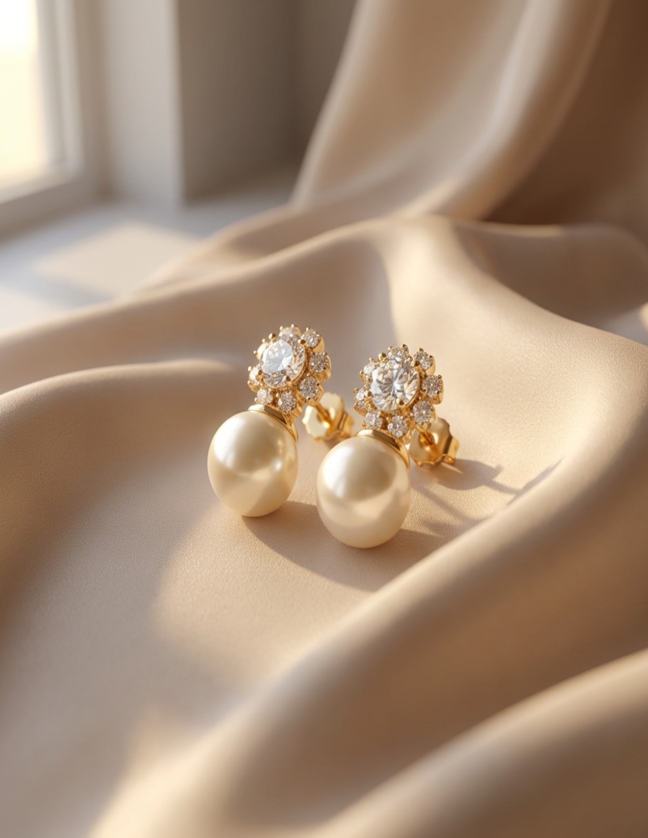 Aretes cortos de perla de oro laminado 18 K con acabado brillante 4
