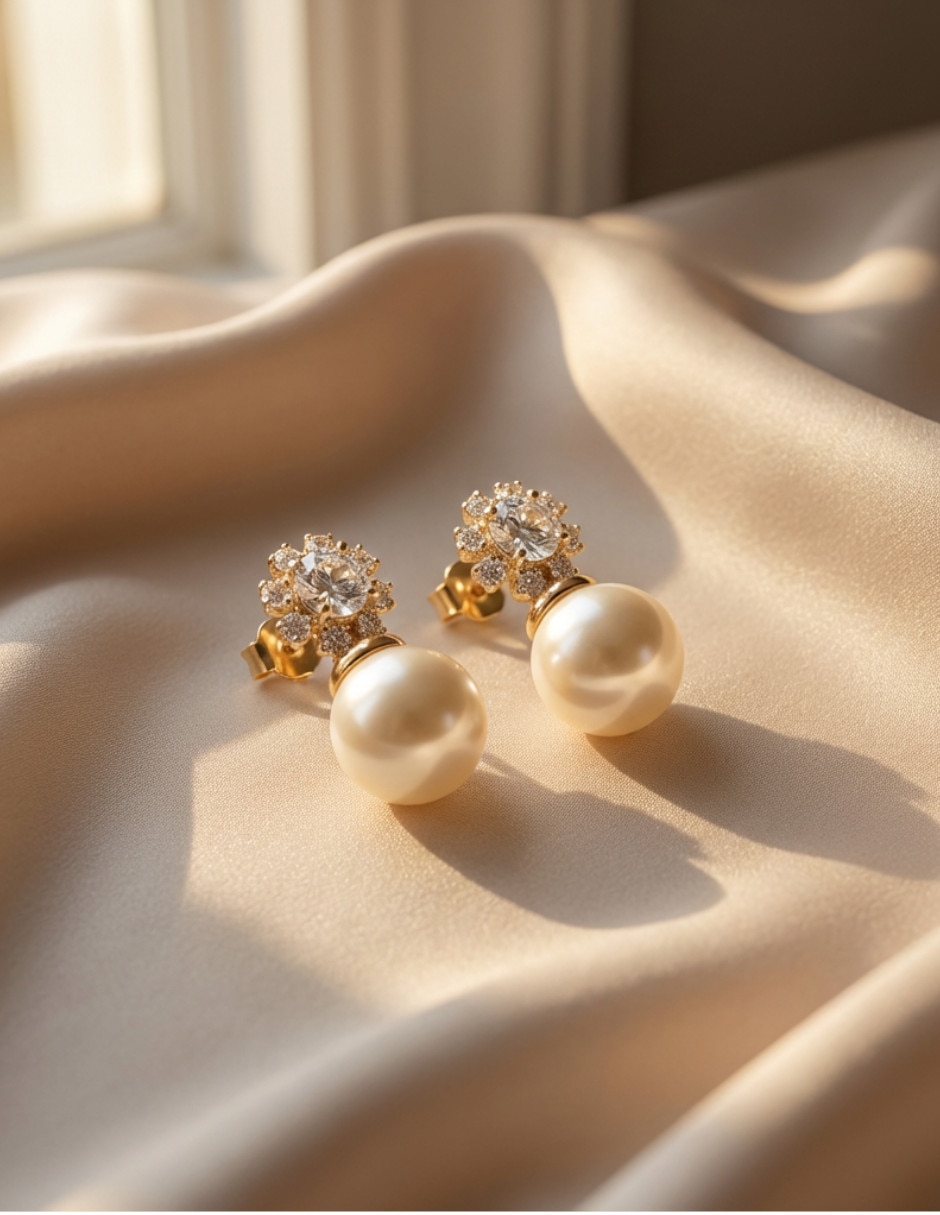 Aretes cortos de perla de oro laminado 18 K con acabado brillante 3