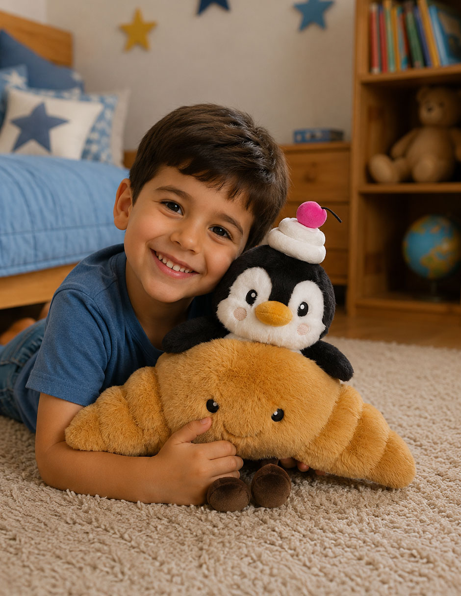 Set de peluches de pingüino y croissant Set de peluches de pingüino y croissant