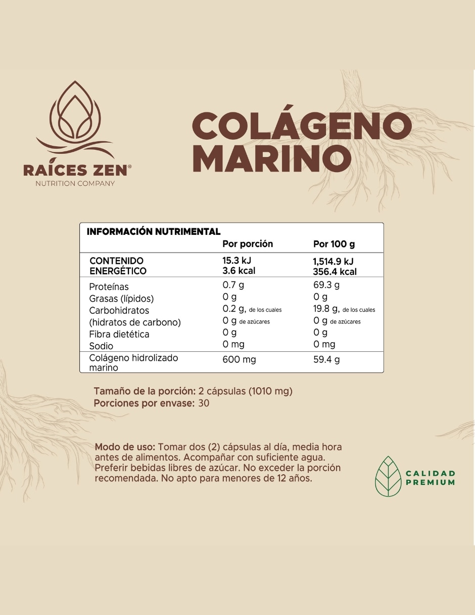 Colágeno Hidrolizado Marino Tipo II Raíces Zen 60 Cápsulas RAÍCES ZEN con Colágeno Hidrolizado tipo II sabor Sin sabor de