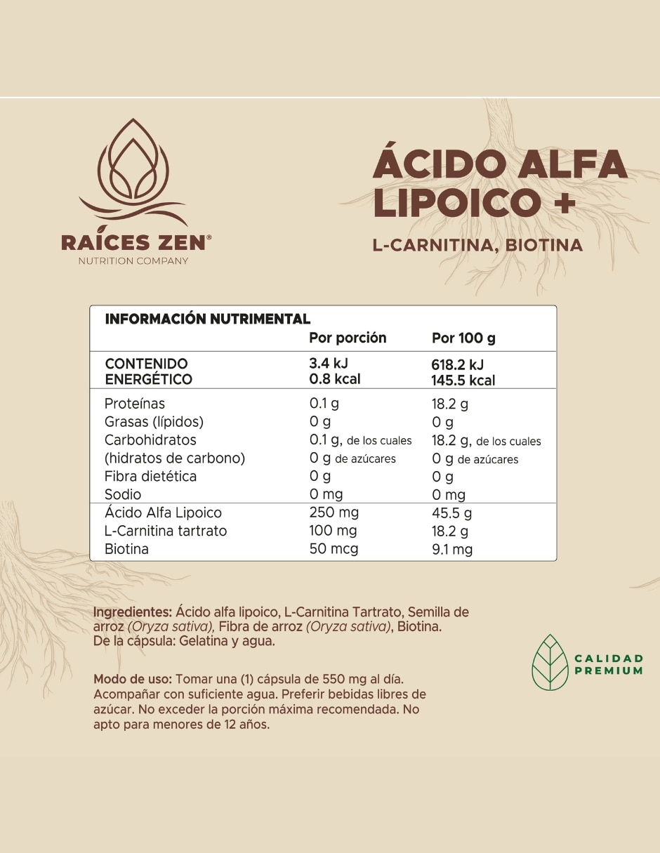 Ácido Alfa Lipoico Raíces Zen 60 Cápsulas RAÍCES ZEN con Ácido Alfa Lipoico sabor Sin sabor de