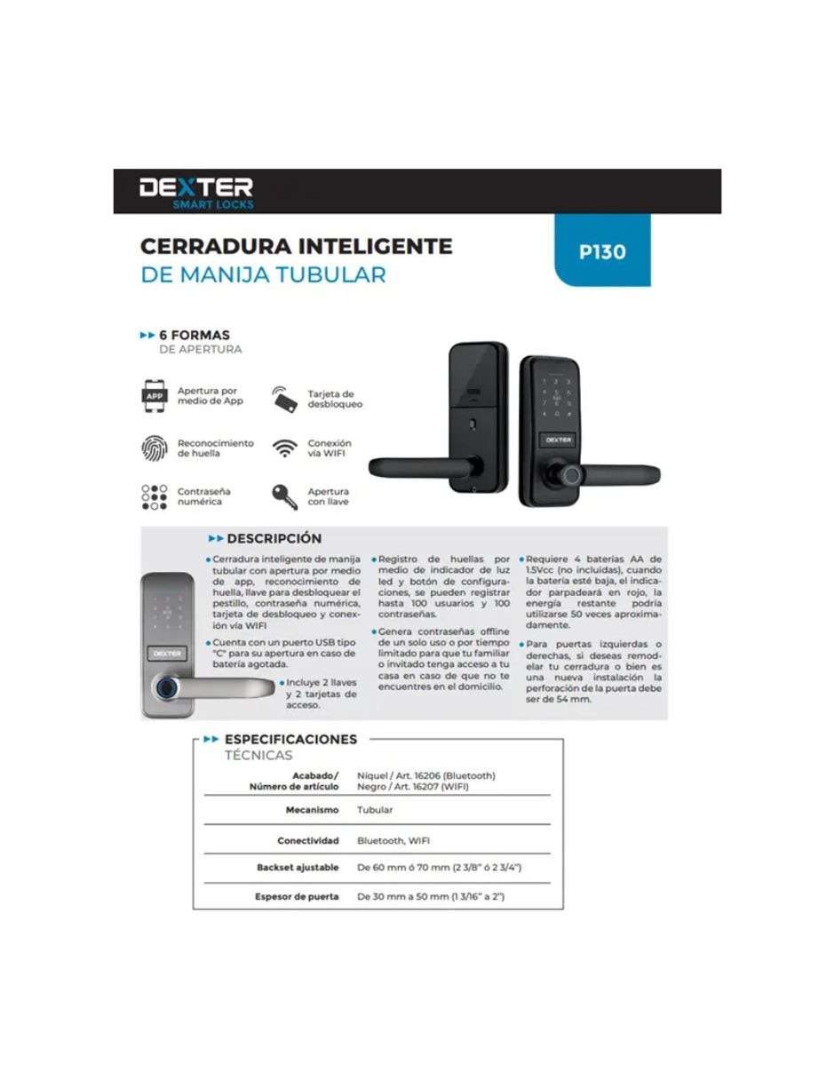 Cerradura digital Dexter P130 WIFI de derecha e izquierda