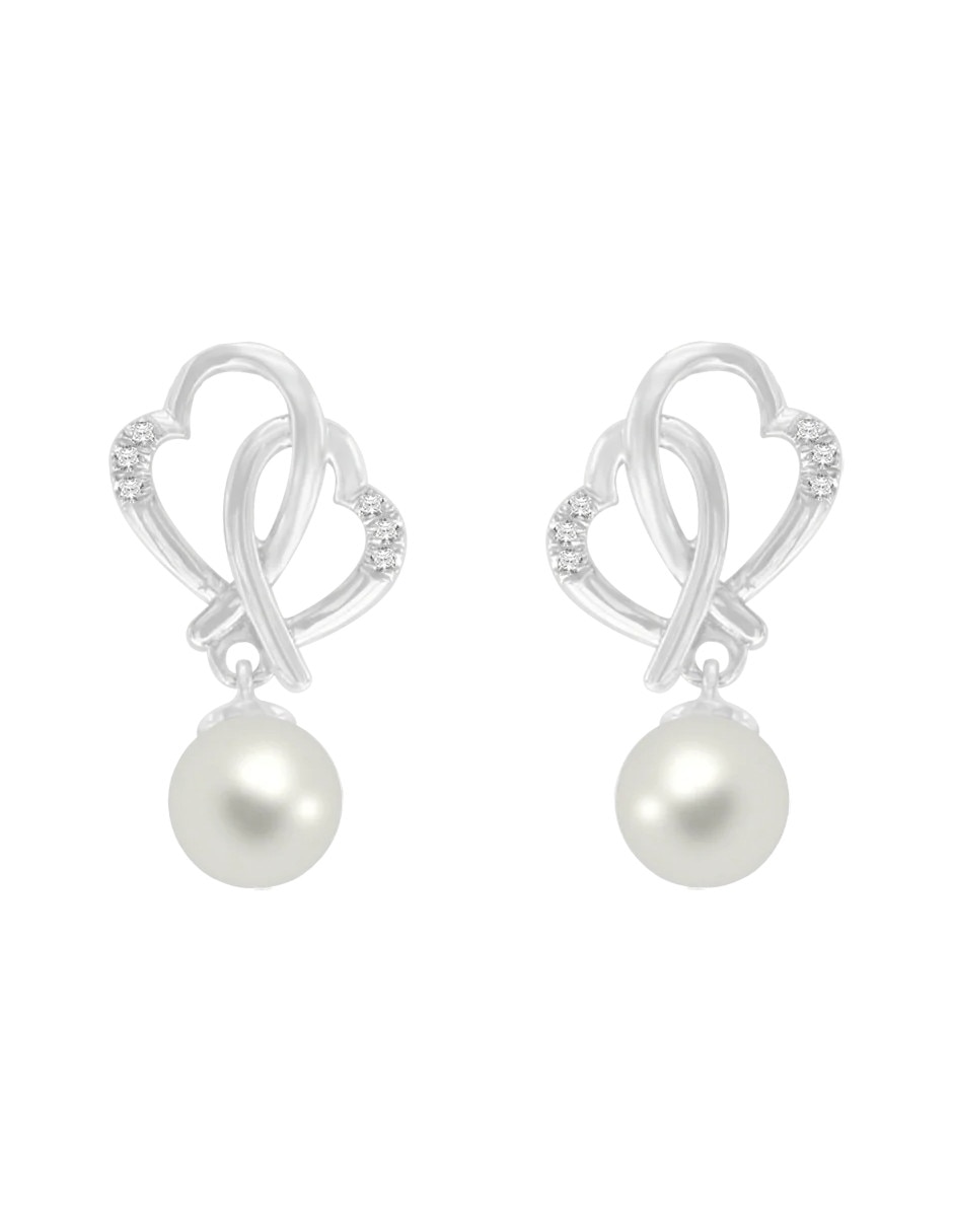 Aretes cortos de corazón scarlett de oro 14 k con acabado brillante diamante y perla