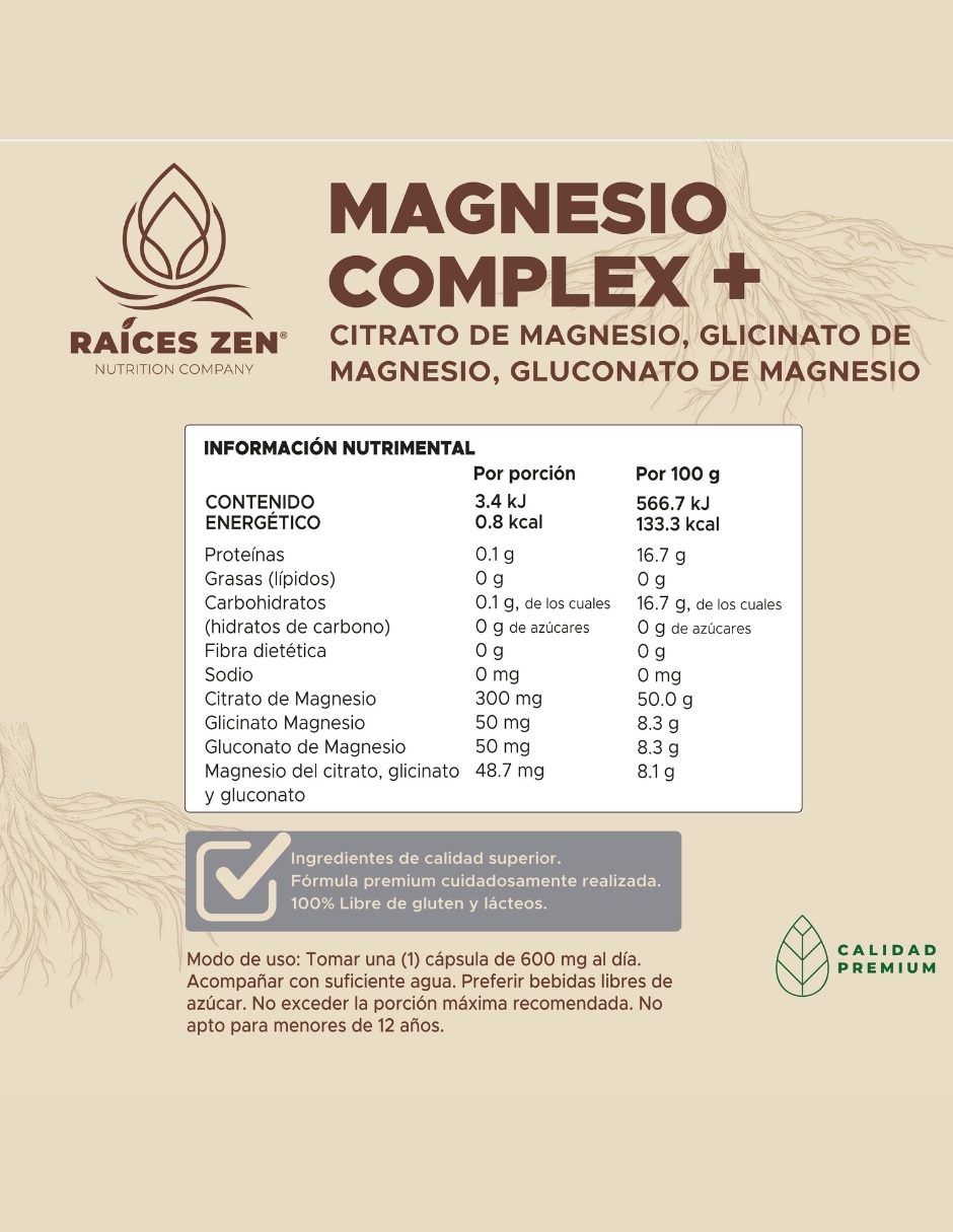 Mag Complex + Raíces Zen 60 Cápsulas RAÍCES ZEN con Citrato de Magnesio sabor Sin sabor de