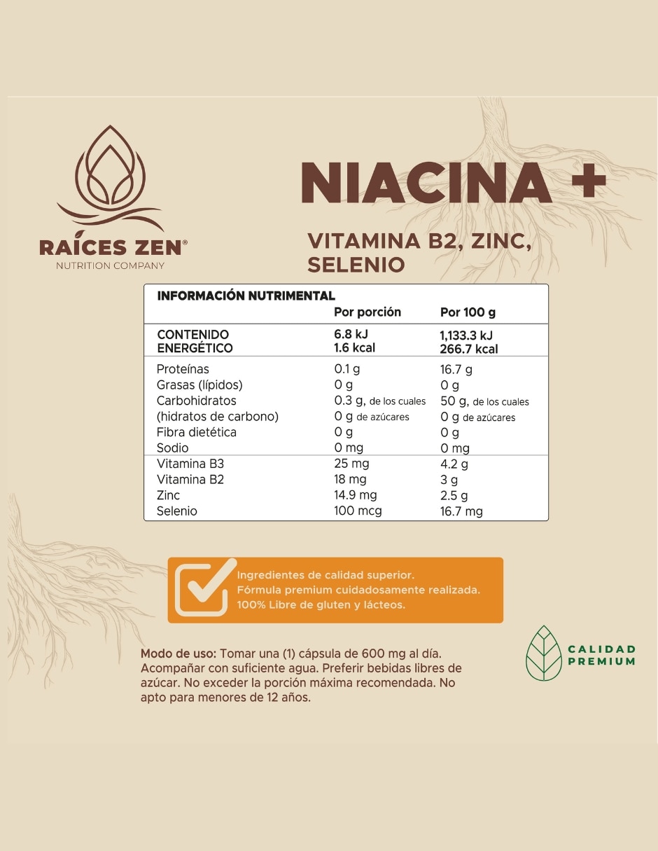 Niacina + Raíces Zen 60 Cápsulas RAÍCES ZEN con Niacinamida sabor Sin sabor de