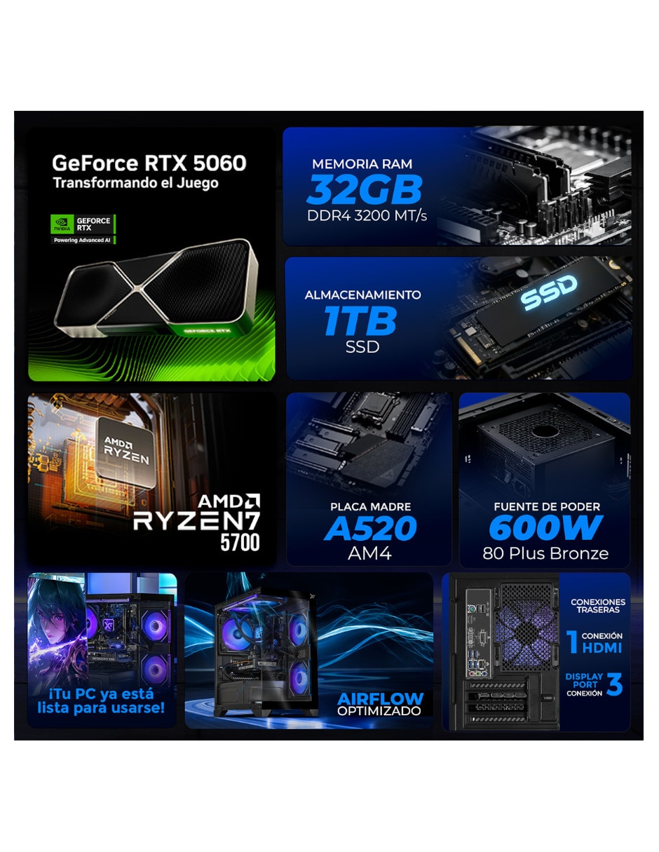 XTREME PC GAMING XTPCR732GB5060MCHBV2 27 pulgadas Full HD AMD Ryzen 7 NVIDIA GeForce RTX 5060 32 GB RAM No aplica 1 TB SSD No aplica