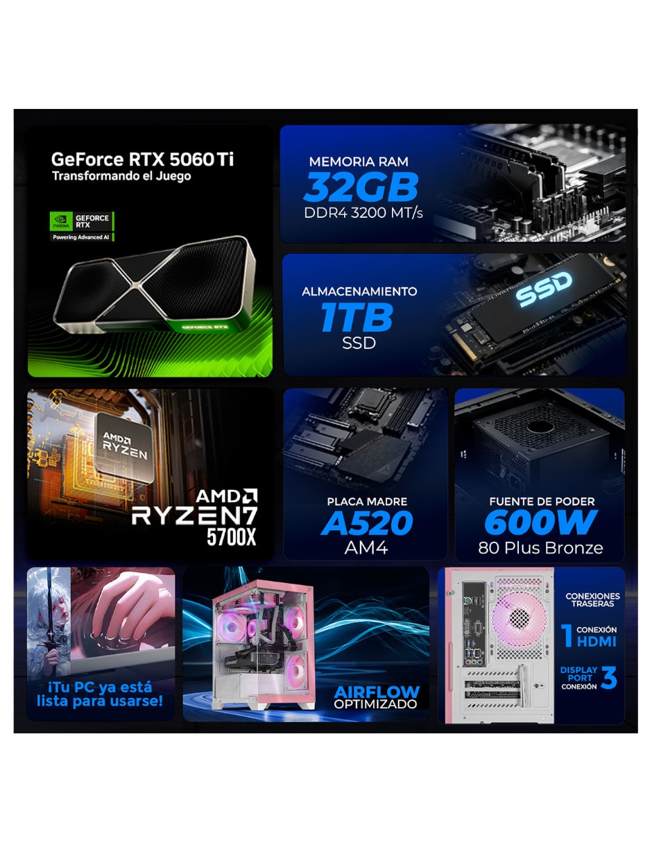 XTREME PC GAMING XTPCR732GB5060TICHP No incluye monitor No incluye monitor AMD Ryzen 7 NVIDIA GeForce RTX 5060 Ti 32 GB RAM No aplica 1 TB SSD No aplica