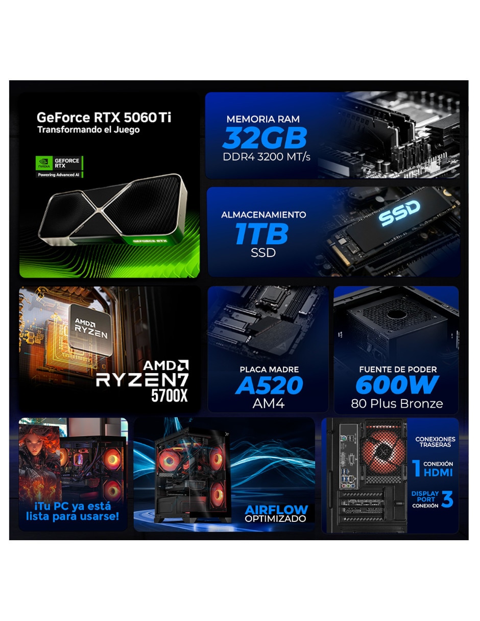 Computadora gamer XTPCR732GB5060TICHB AMD Ryzen 7 NVIDIA GeForce RTX 5060 Ti 32 GB RAM 1 TB SSD 9