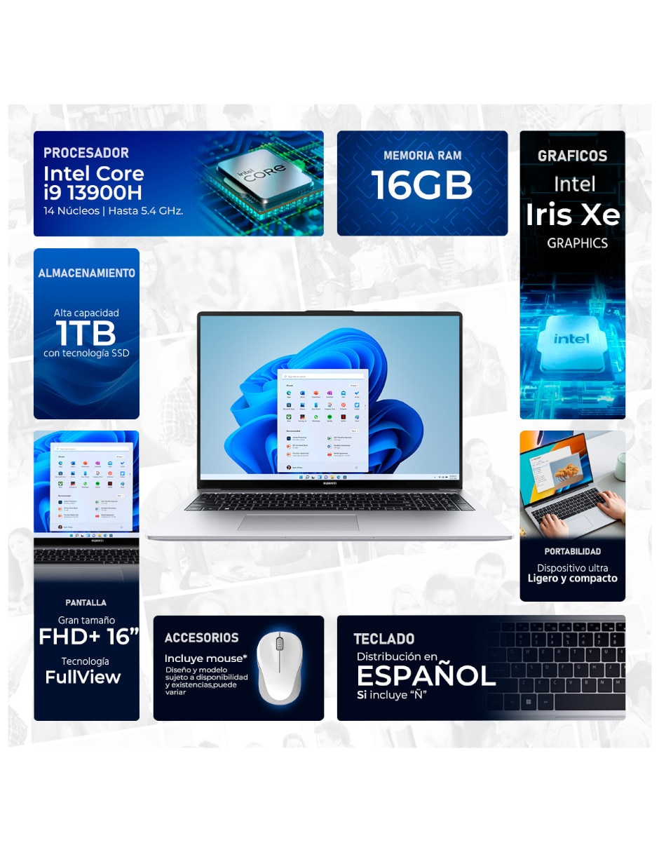 No HUAWEI MitchellG-Ci9161TM 16 pulgadas Full HD+ Intel Core i9 Integradas 16 GB RAM No aplica 1 TB SSD No aplica
