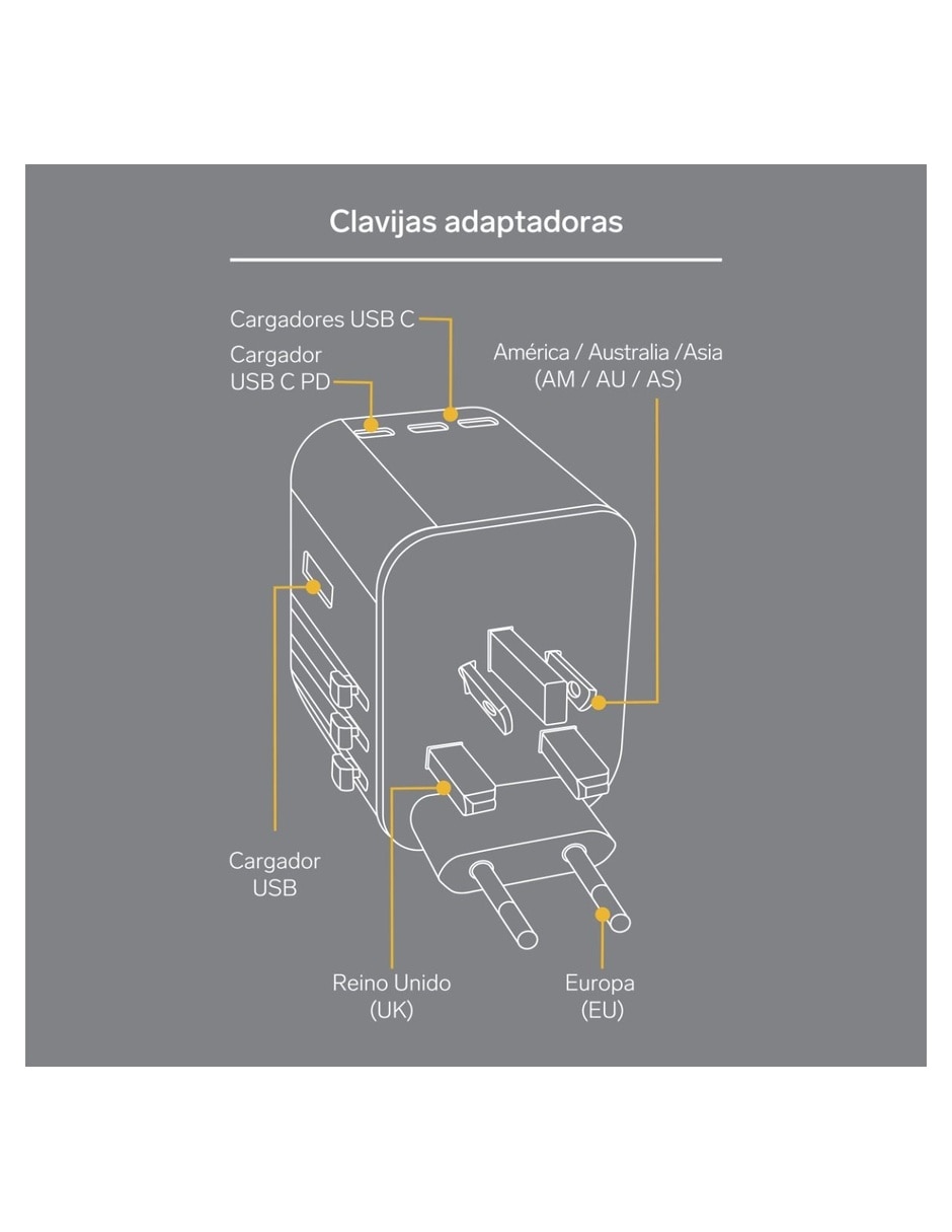 Adaptador universal viajes Steren adaptador universal de contactos para viaje con cargador GaN