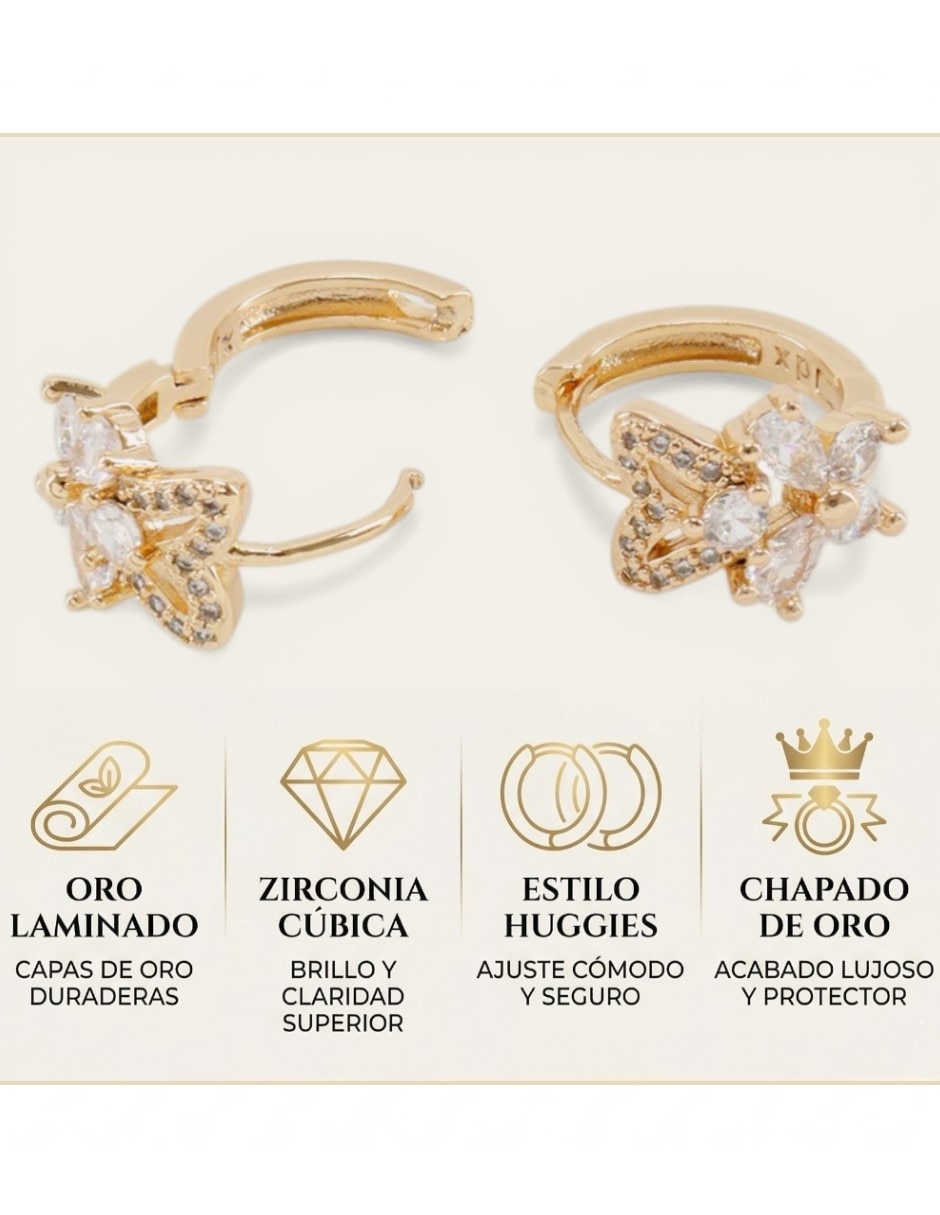 Aretes huggies de mariposa Joyería Elegante de mujer de oro laminado 14 k con acabado chapa de oro zirconia cúbica 5
