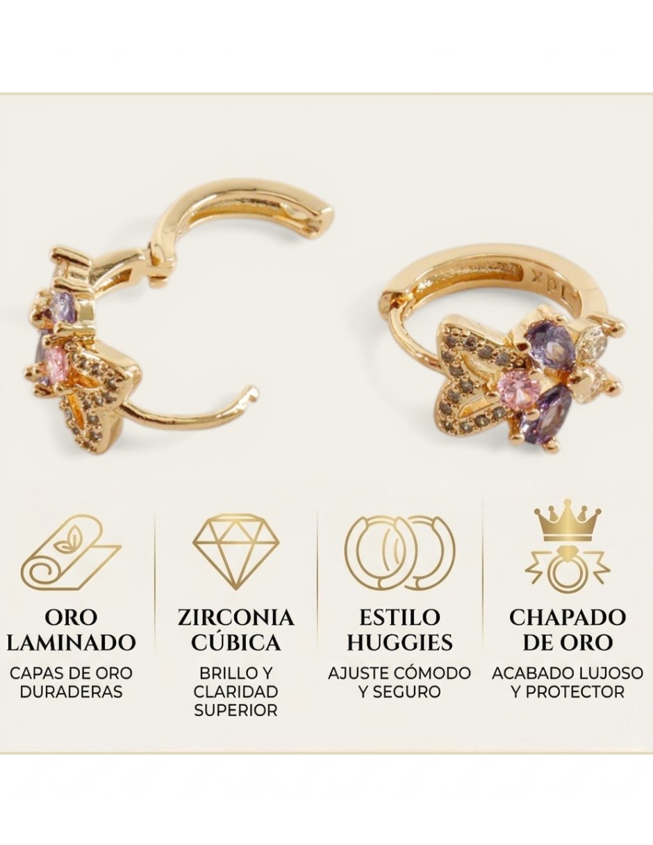 Aretes huggies de mariposa Joyería Elegante de mujer de oro laminado 14 k con acabado chapa de oro zirconia cúbica 4