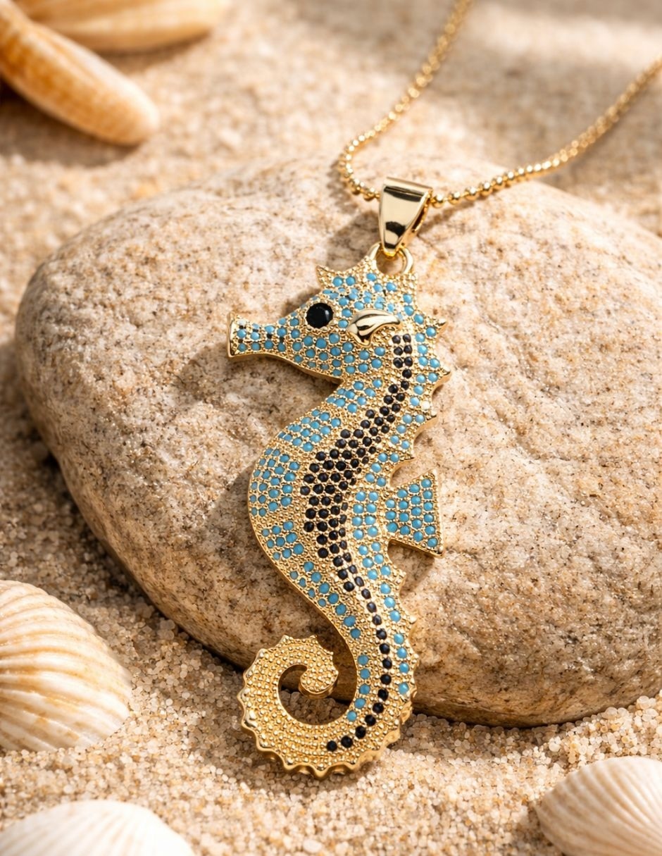Collar con dije de Caballito Mar Mareá de baño de oro 18 K 3