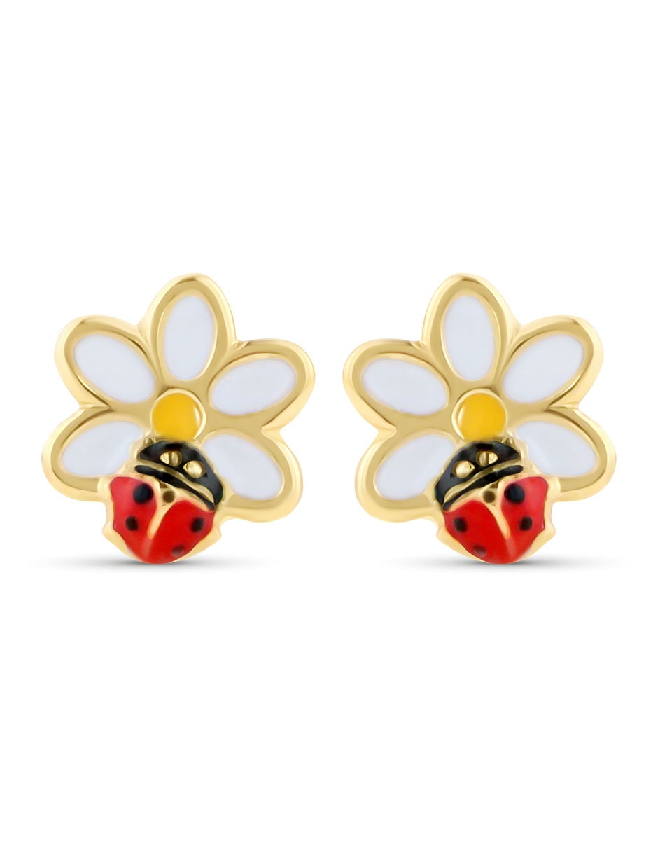 Broqueles de flor de oro amarillo 10 k con acabado esmaltado