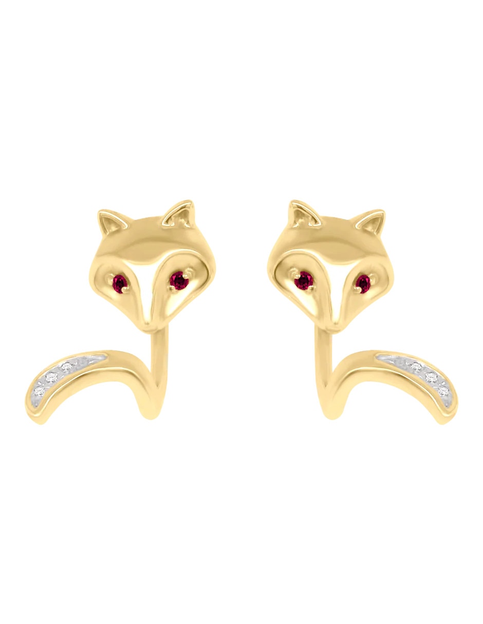 Aretes cortos de zorro Fascinare Fox de oro 14 K con acabado brillante rubí y diamante