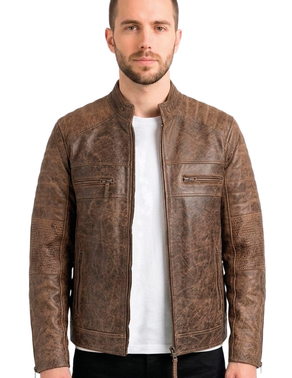 Chamarra casual impermeable de piel texturizada para hombre