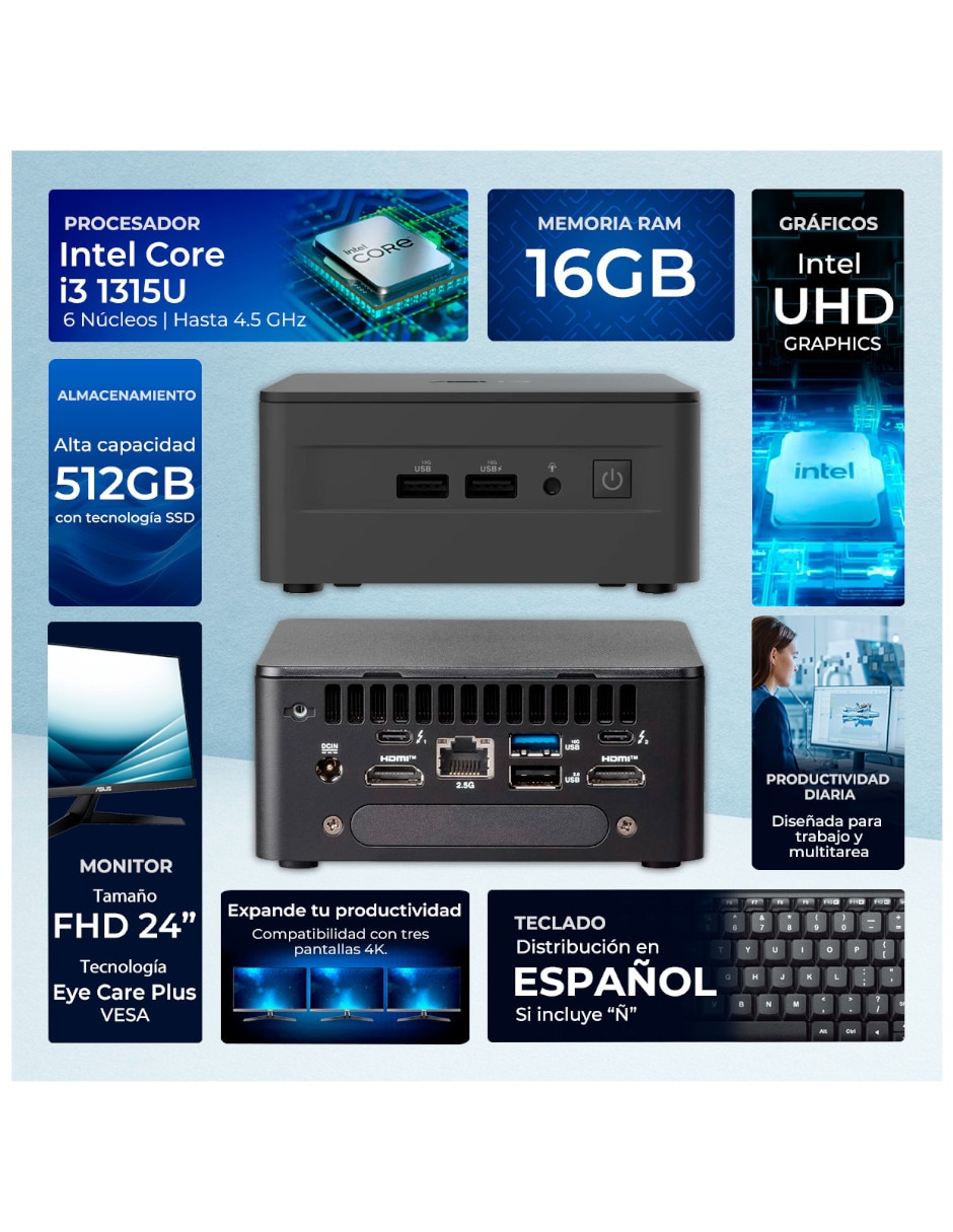 Mini PC Asus CNUC13P-Ci316512M24TM Intel Core i3 Integrada 16 GB RAM 512 GB SSD