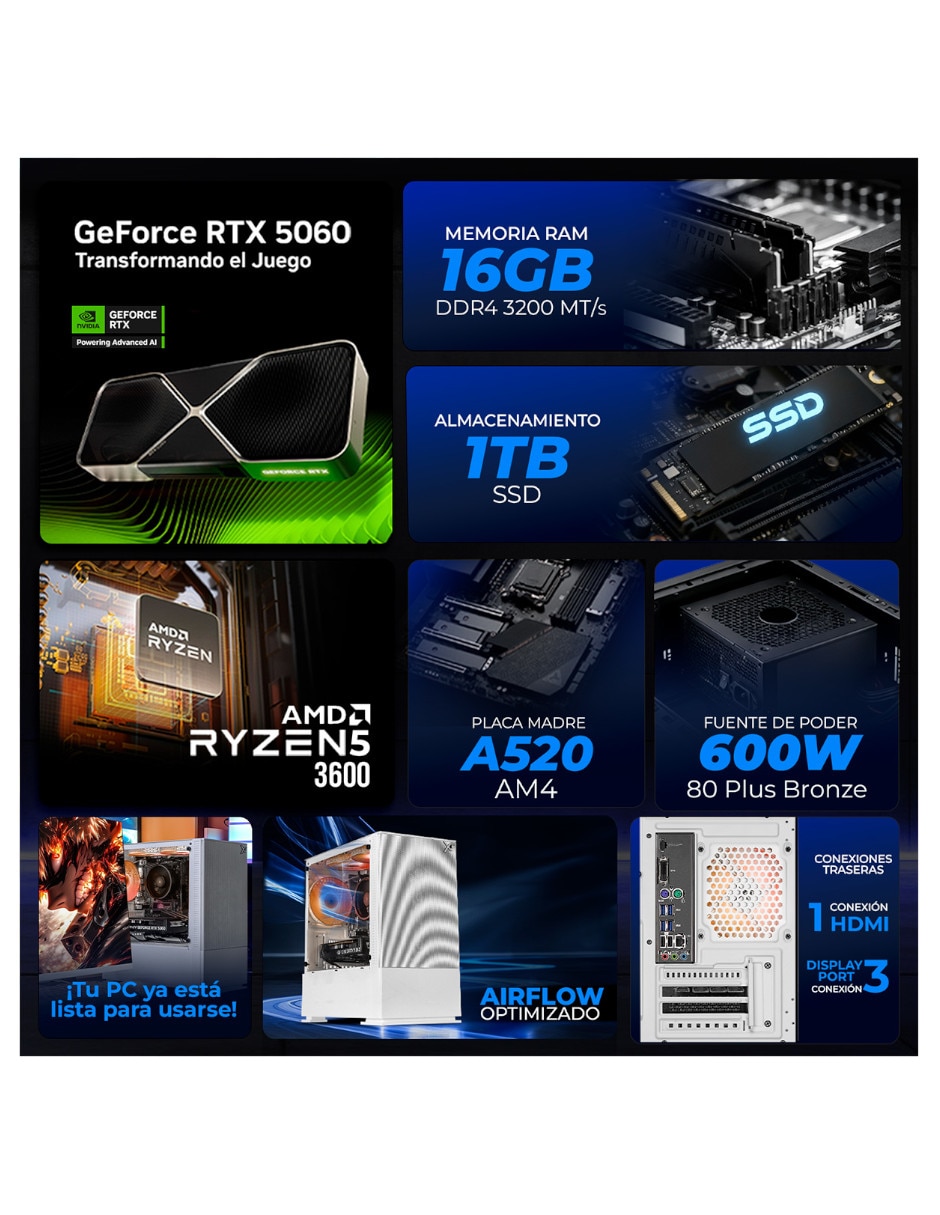 Computadora gamer Xtreme Pc Gaming XTPCR516GB5060MAFW 23.8 pulgadas Full HD AMD Ryzen 5 NVIDIA GeForce RTX 5060 16 GB RAM 1 TB SSD